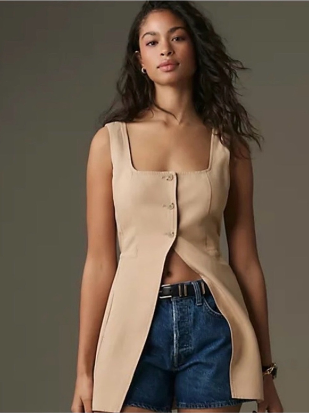 By Anthropologie Linen Longline Cut-Away Vest US 8